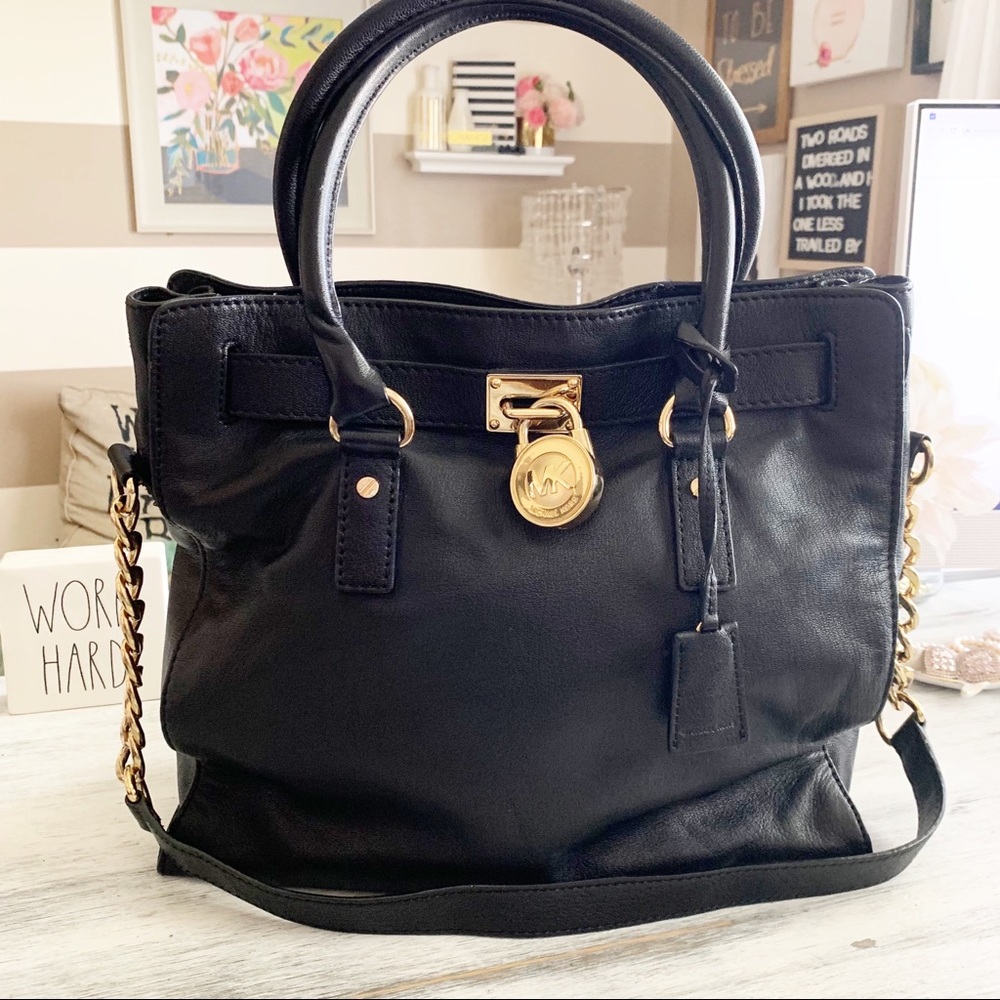 Michael Kors black leather gold chain Hamilton Satchel
